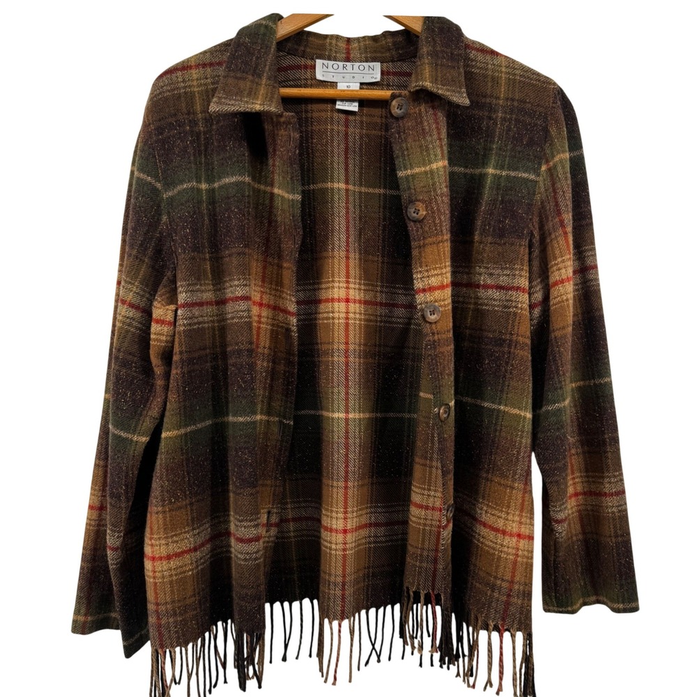 Norton Studio Women Plaid Wool Blend Fringe Hem Button Down Shacket Brown Sz 10